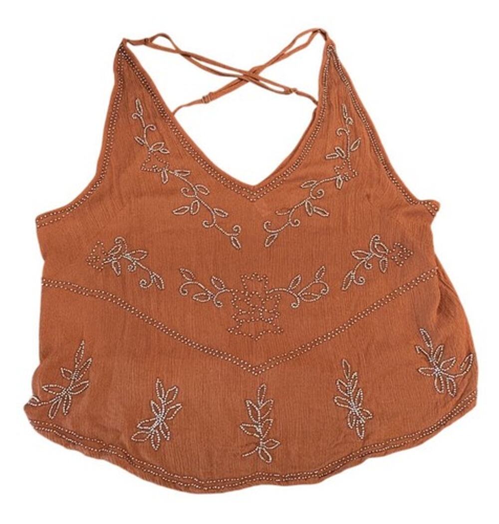 Free People Fall Rust Orange Brown Embroidered V-Neck Spaghetti Strap Cami Top M